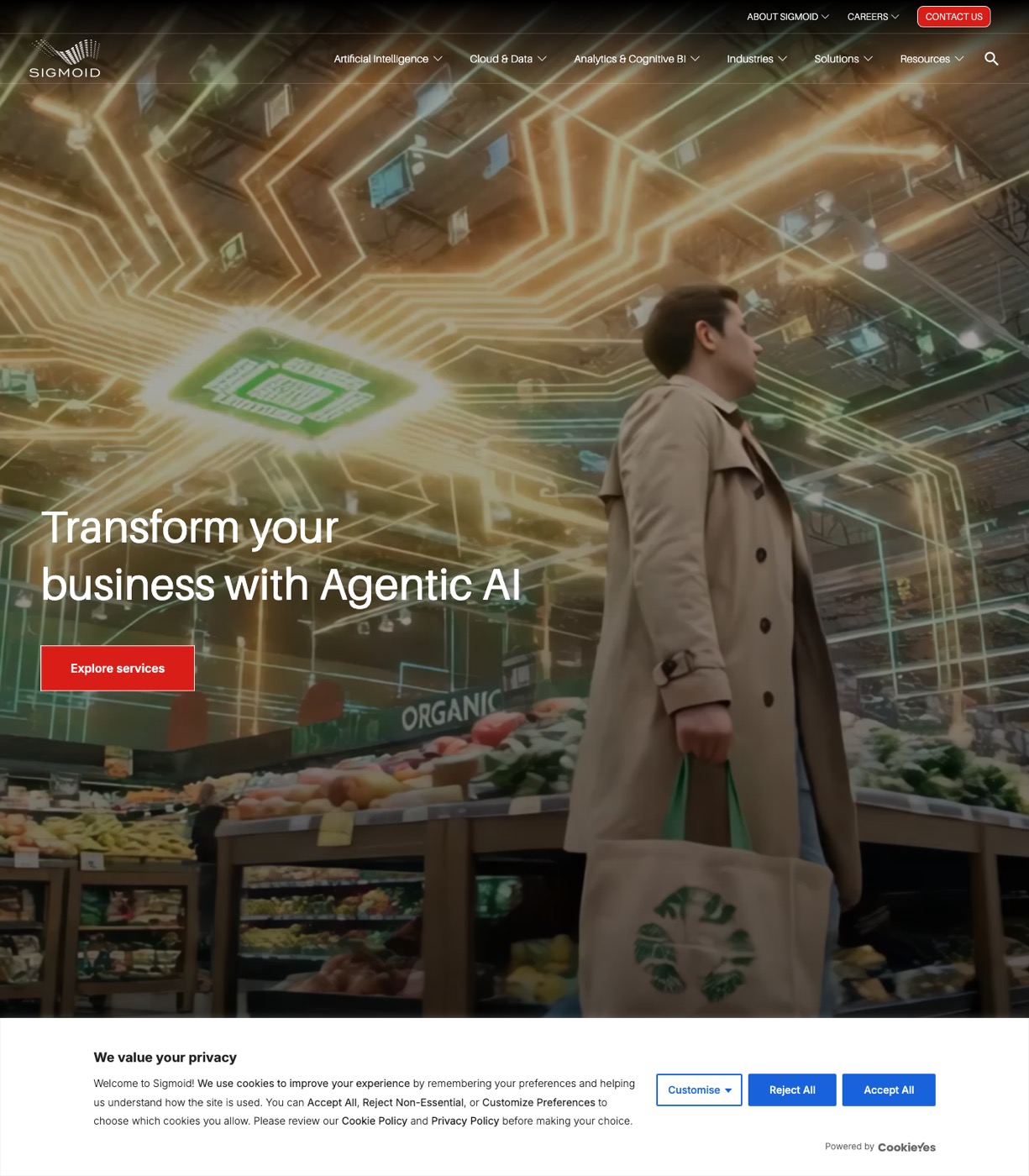 Sigmoid homepage showing data engineering and data science consulting for CPG and retail clients