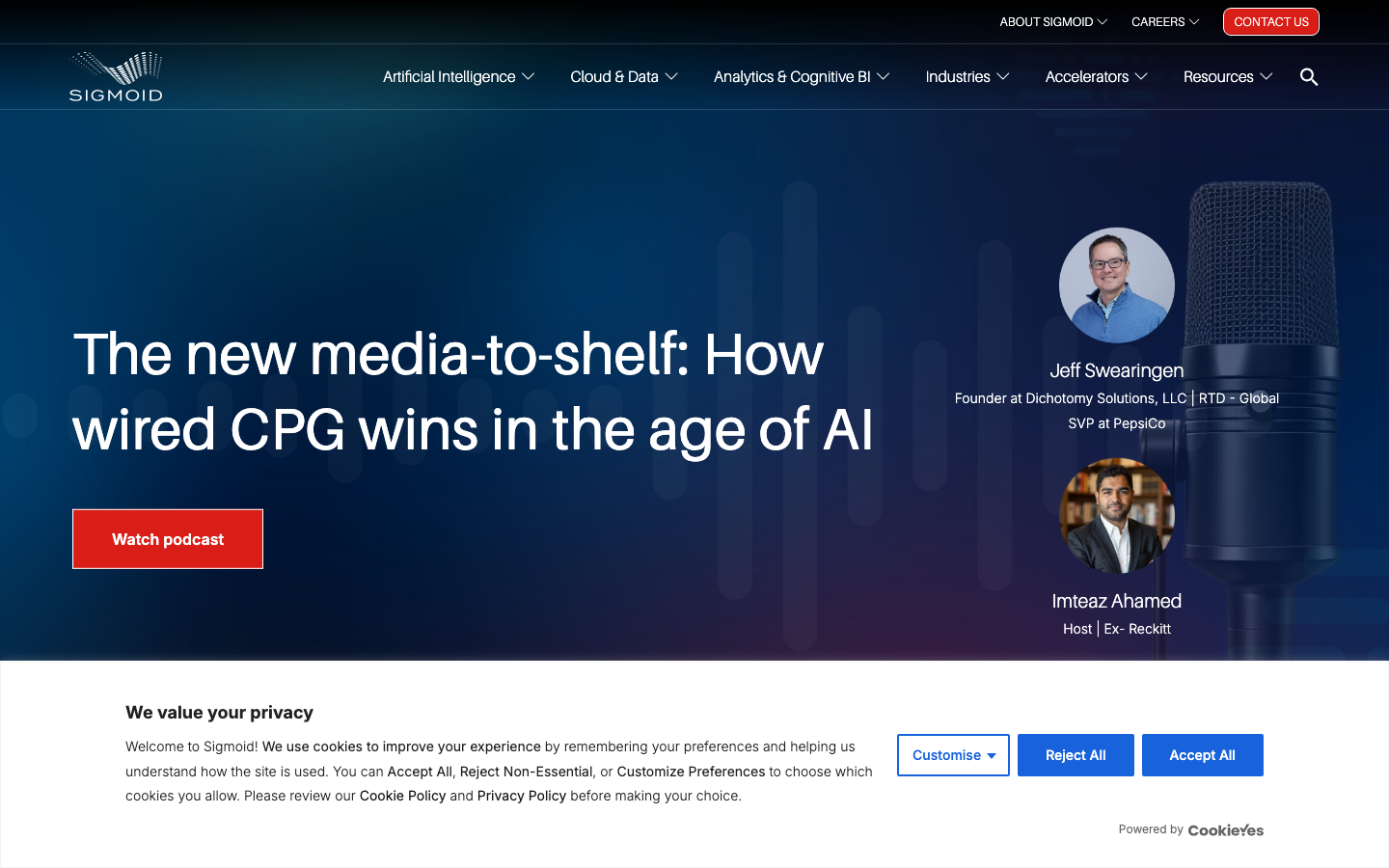 Sigmoid homepage showing data engineering and data science consulting for CPG and retail clients