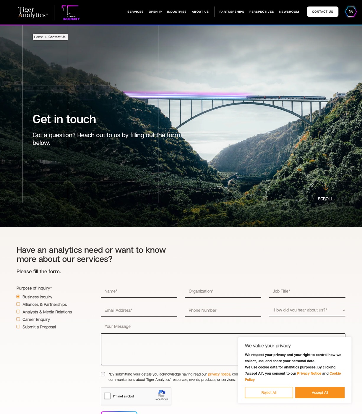 Tiger Analytics contact page with regional office locations and inquiry form