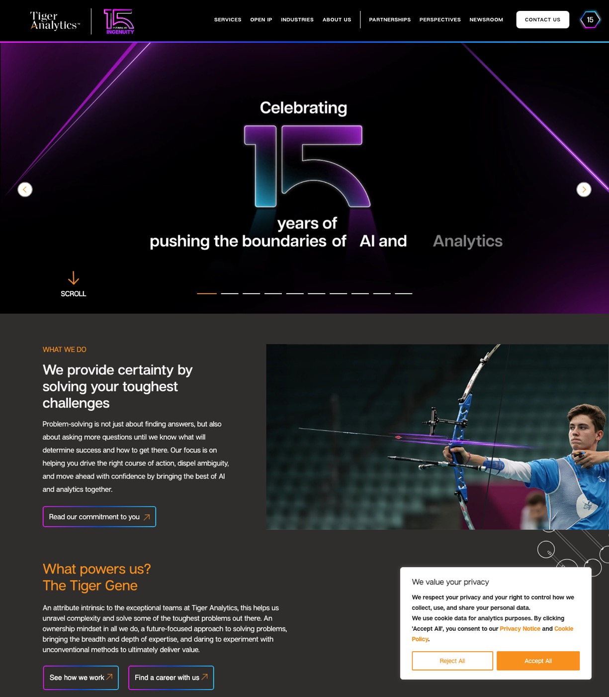 Tiger Analytics homepage showing AI and advanced analytics enterprise solutions with CPG and retail focus