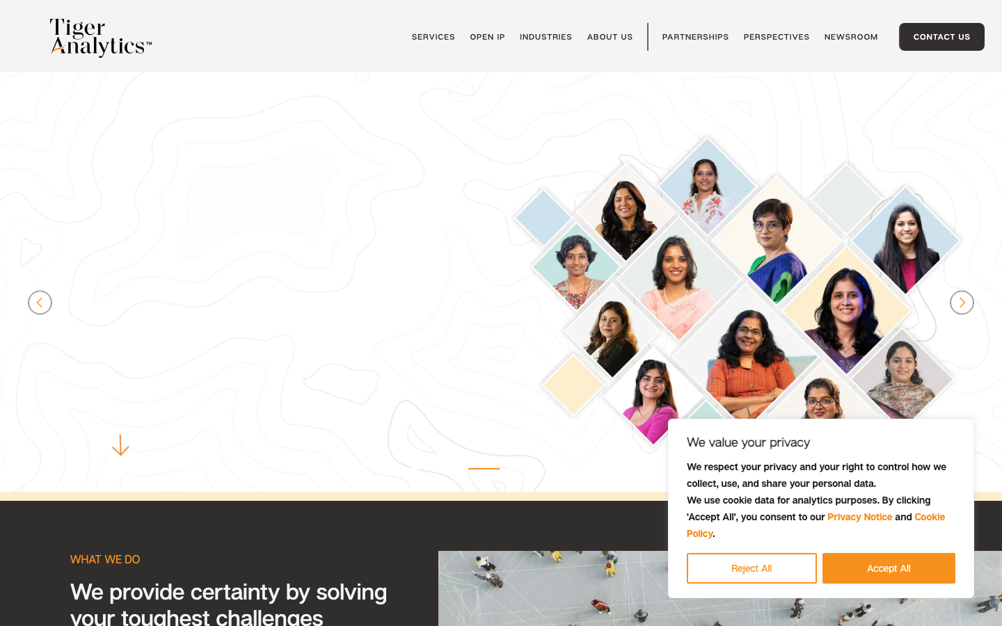 Tiger Analytics homepage showing AI and advanced analytics enterprise solutions with CPG and retail focus