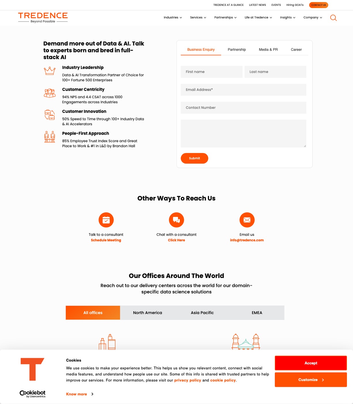Tredence contact us page with regional office locations and inquiry form