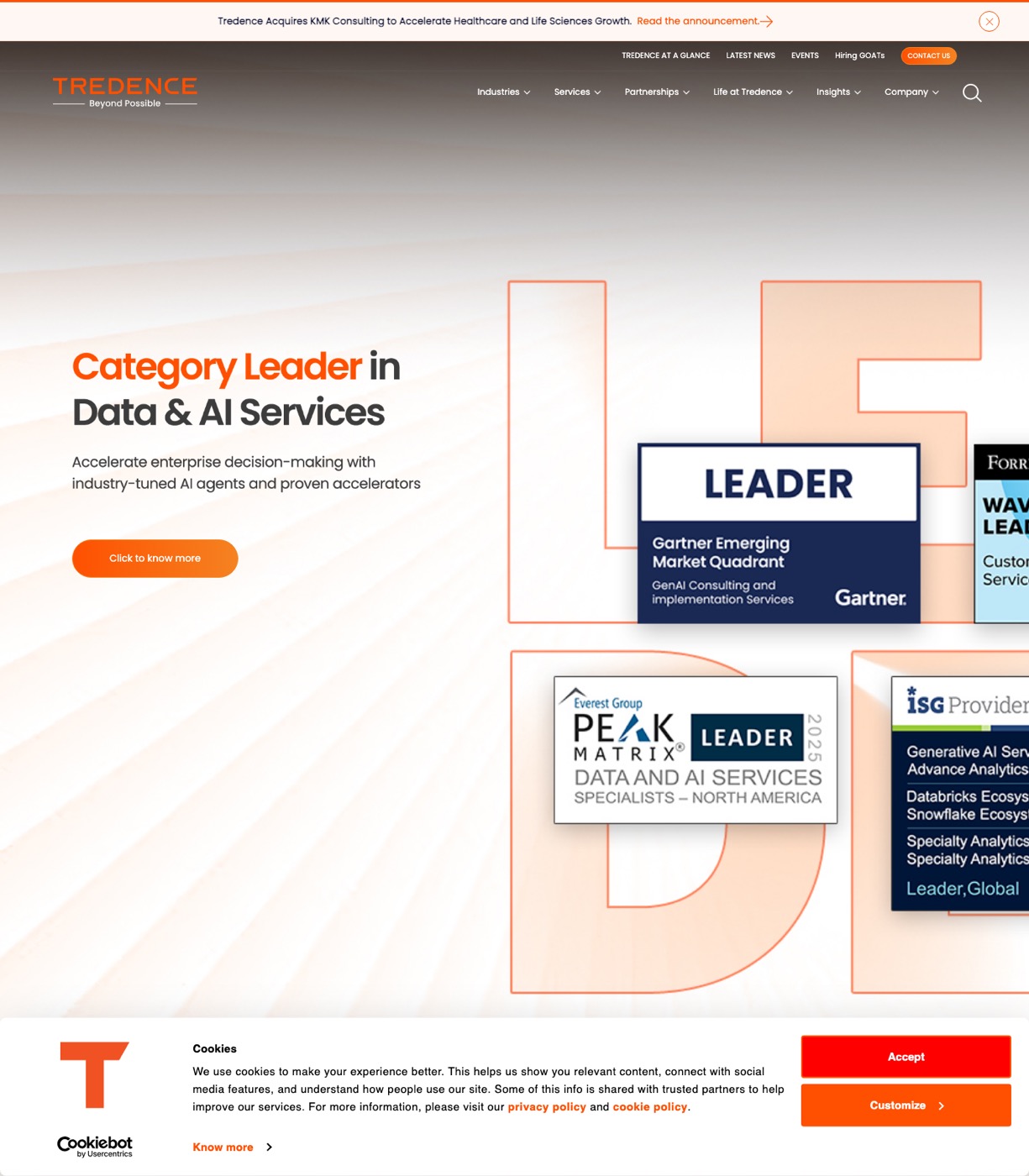 Tredence homepage showing its data science and AI analytics consulting positioning for retail and CPG clients