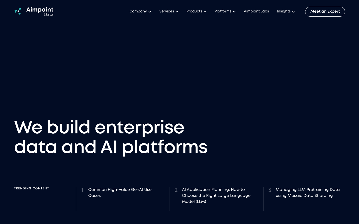 Aimpoint Digital homepage showing enterprise data and AI platform positioning with Databricks partnership