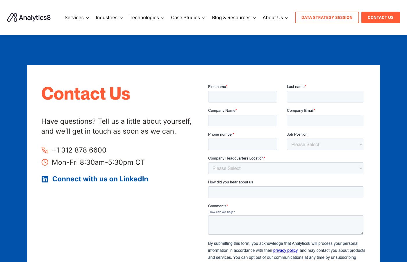 Analytics8 contact us page with the consultation request form