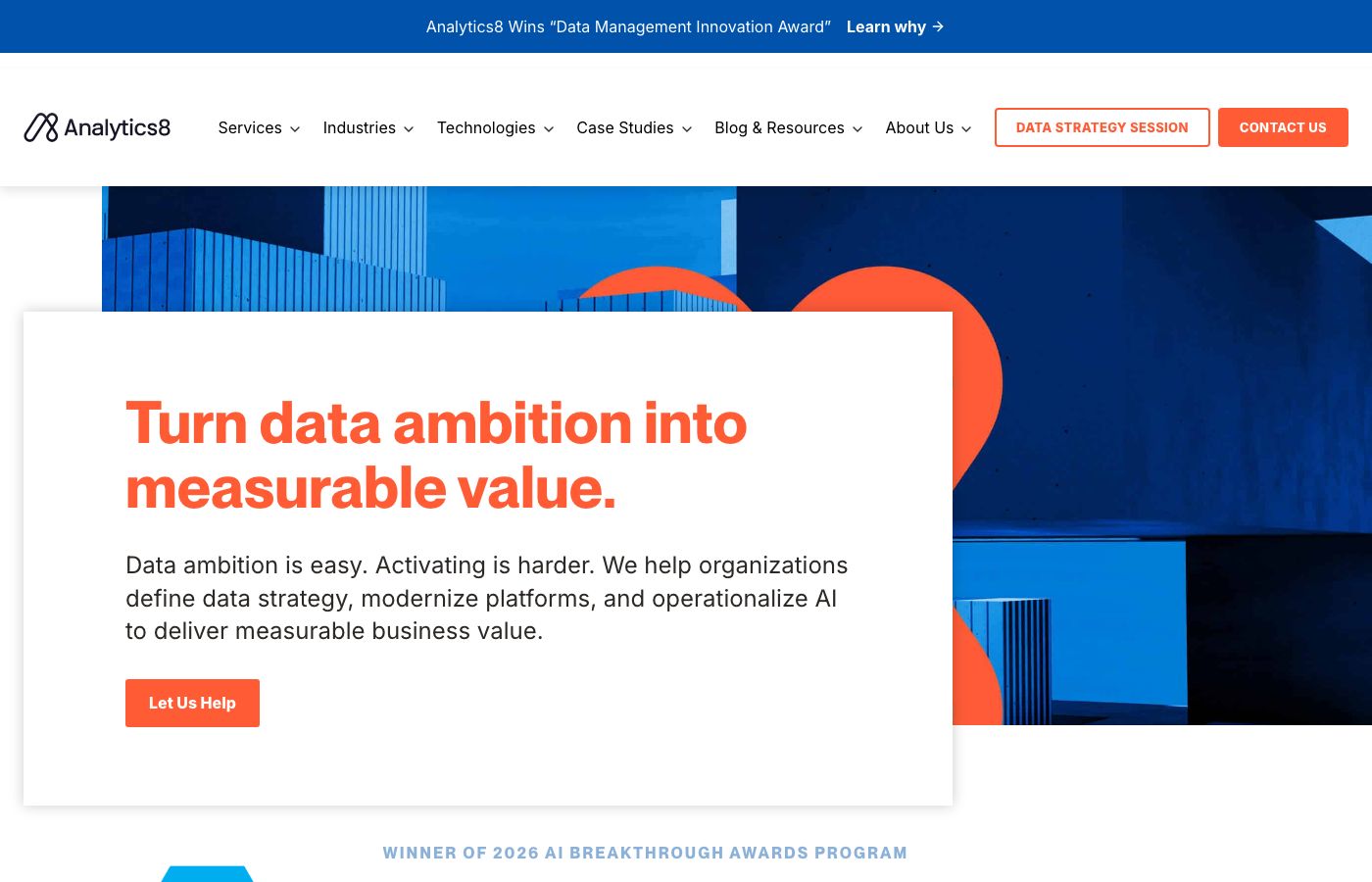 Analytics8 homepage showing data and analytics consulting services