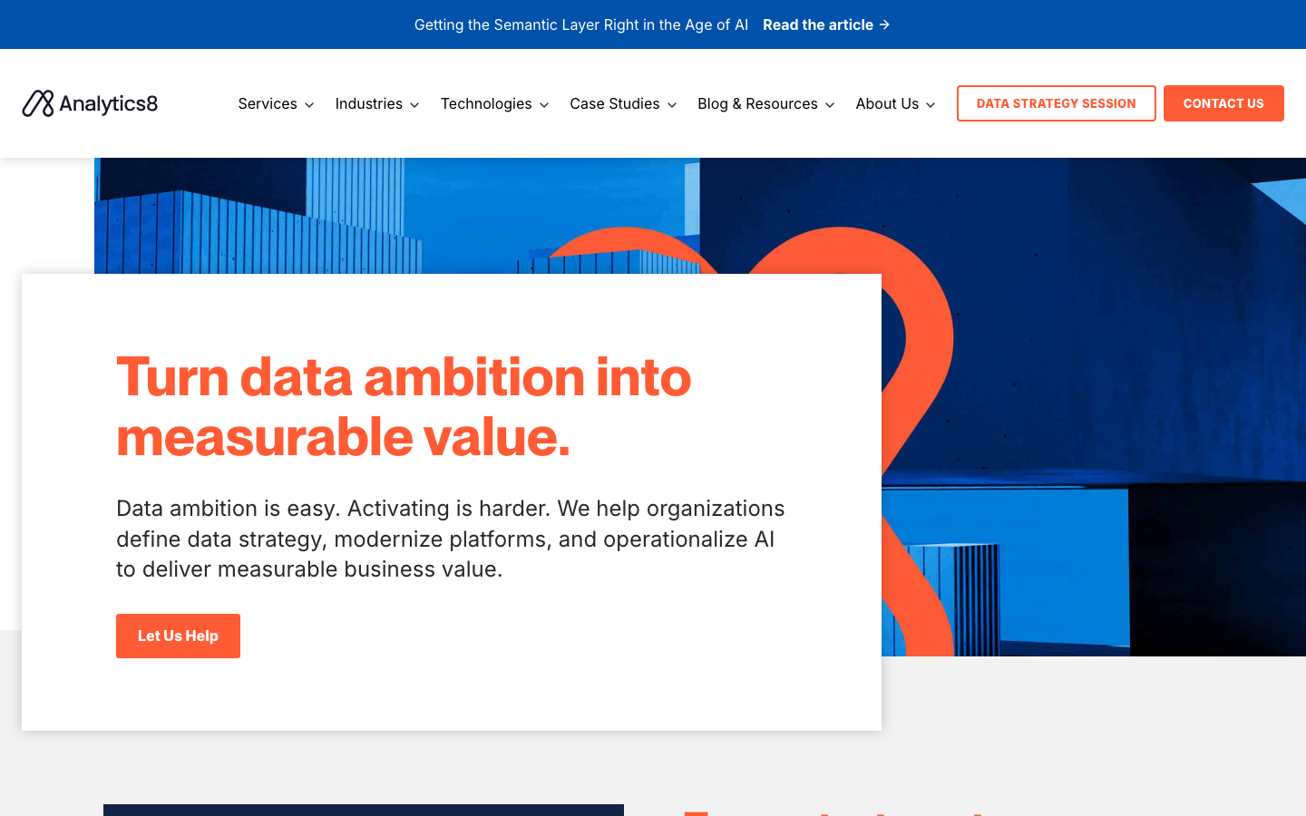 Analytics8 homepage showing data and analytics consulting services with enterprise client focus