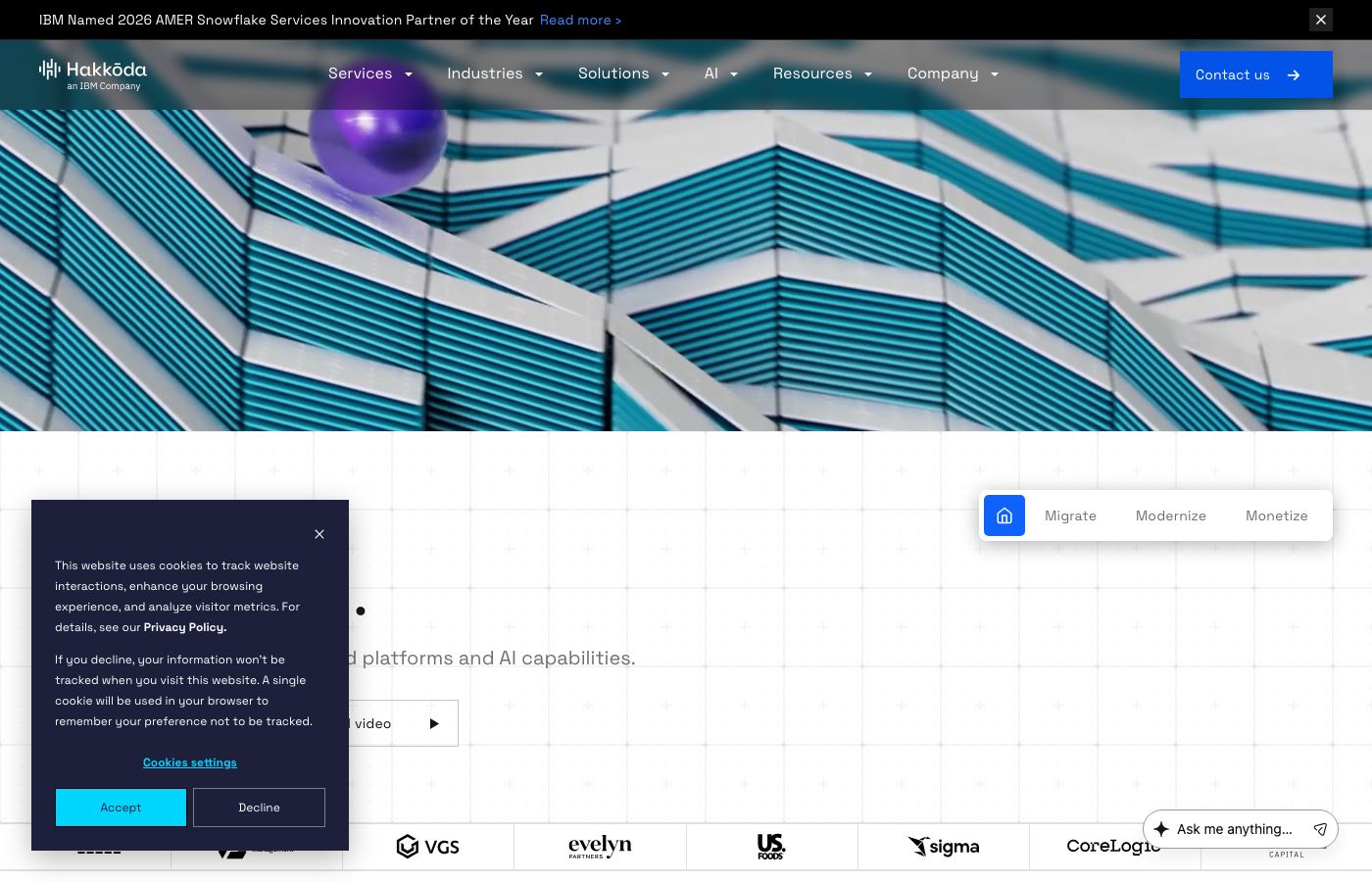 Hakkoda, an IBM Company homepage showing Snowflake-native data and AI consulting positioning