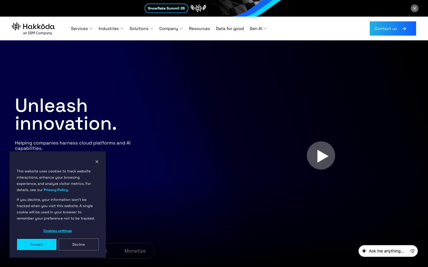 Hakkoda IBM Company homepage showing Unleash Innovation headline with Snowflake Summit partnership