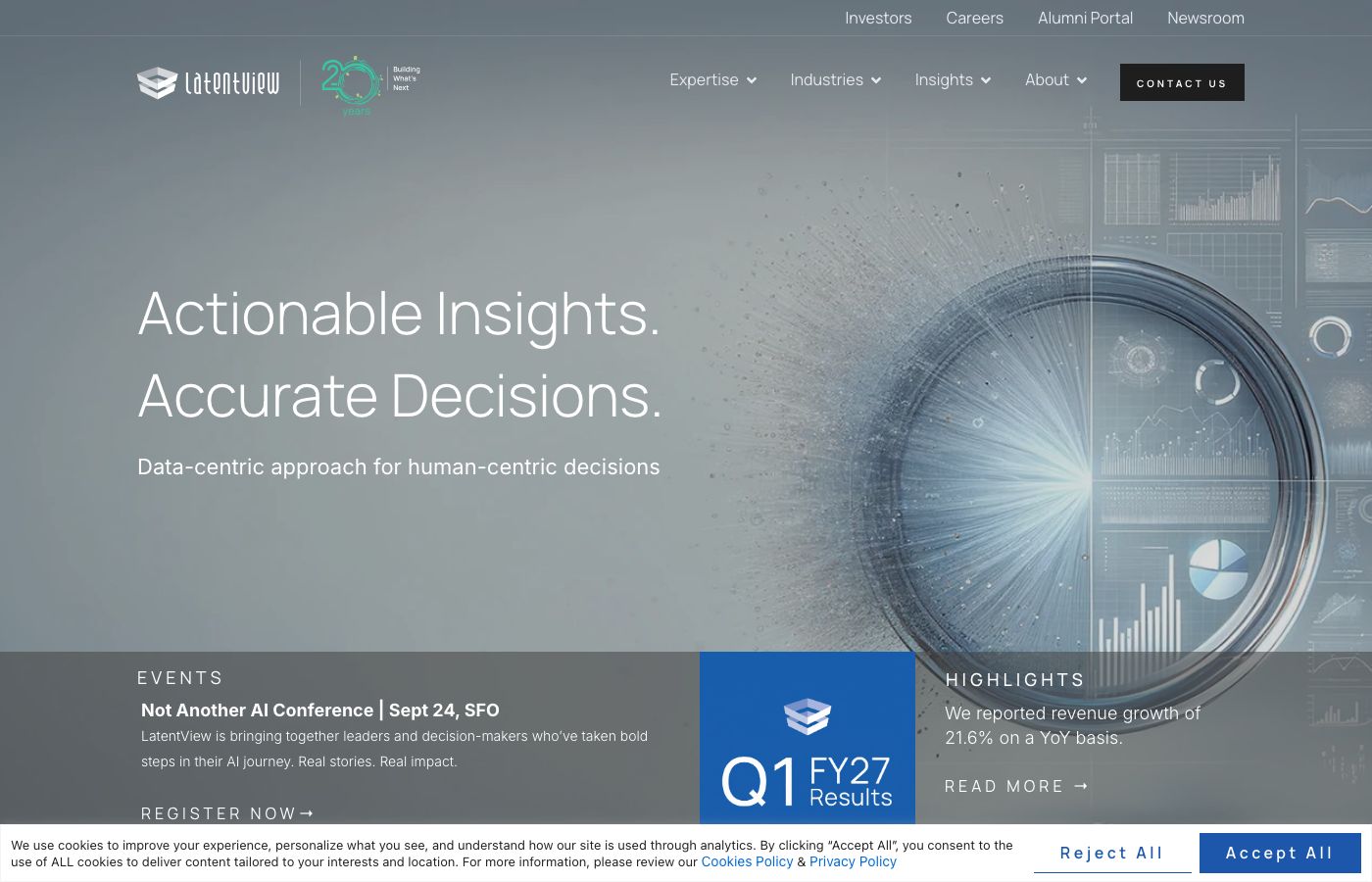 LatentView Analytics homepage showing enterprise data and AI consulting positioning