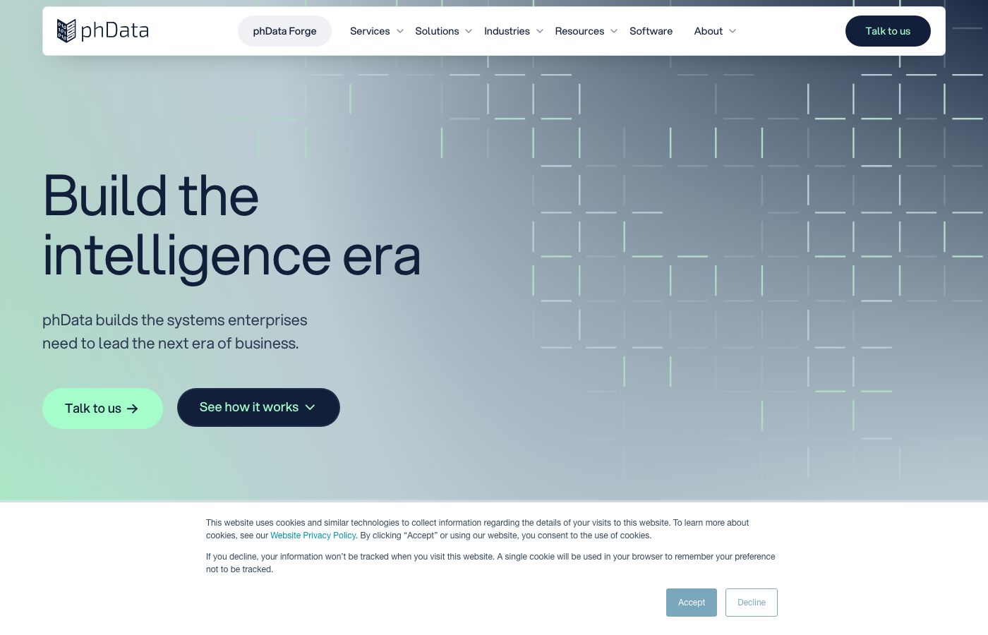 phData homepage showing the "Build the intelligence era" hero banner and top navigation