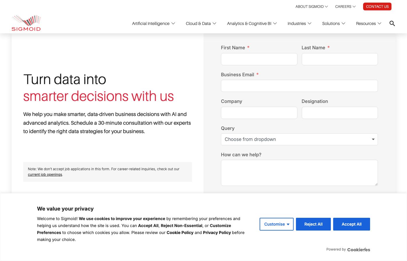 Sigmoid contact us page with the inquiry form