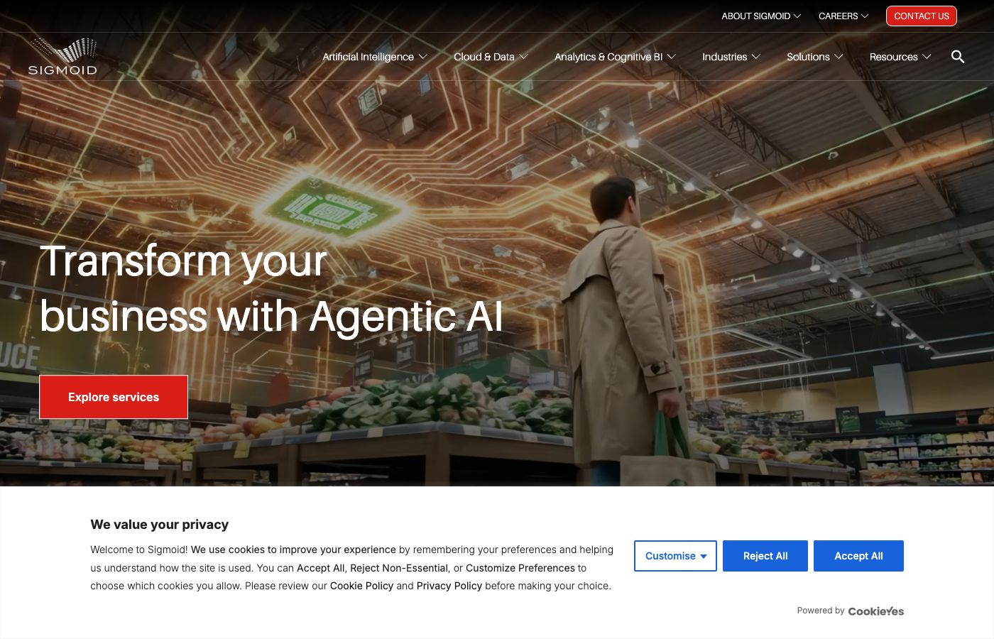 Sigmoid homepage showing end-to-end data engineering and AI consulting positioning