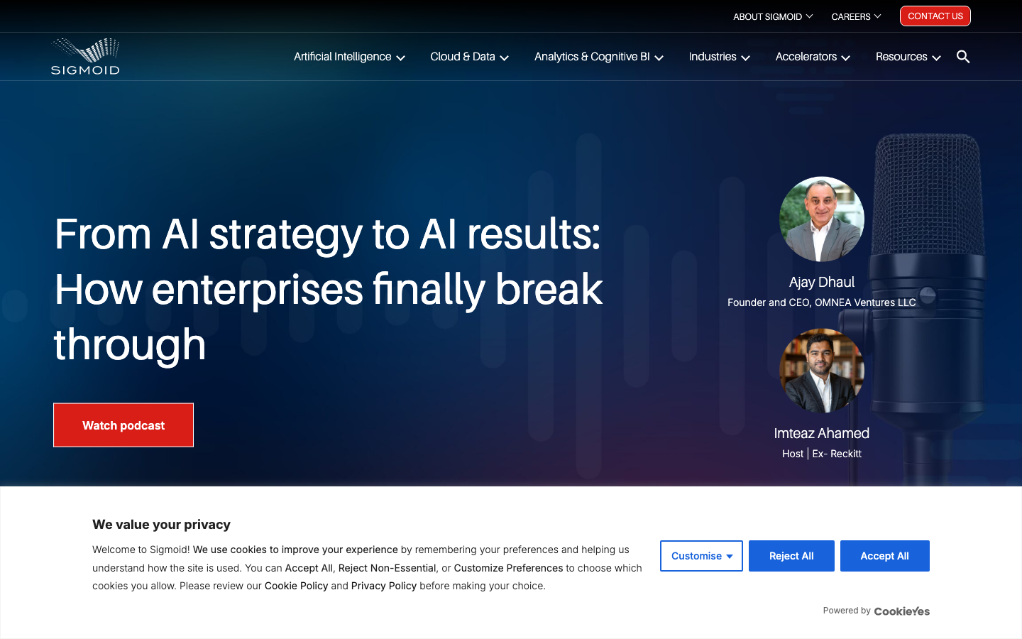 Sigmoid homepage showing end-to-end data engineering solutions with Databricks and Snowflake stack