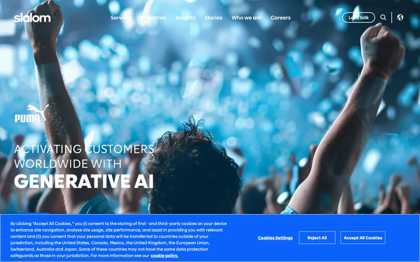 Slalom consulting homepage showing generative AI and enterprise digital transformation for Fortune 1000 clients