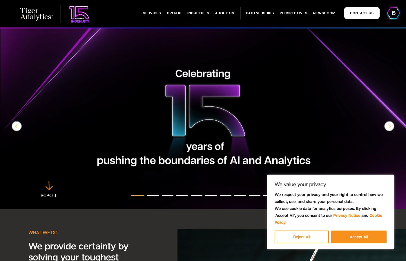 Tiger Analytics homepage showing AI and advanced analytics enterprise positioning