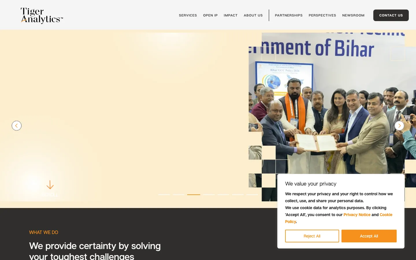 Tiger Analytics homepage showing AI and advanced analytics enterprise solutions with CPG and retail focus