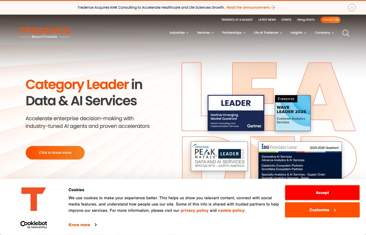Tredence homepage showing data science and AI solutions positioning