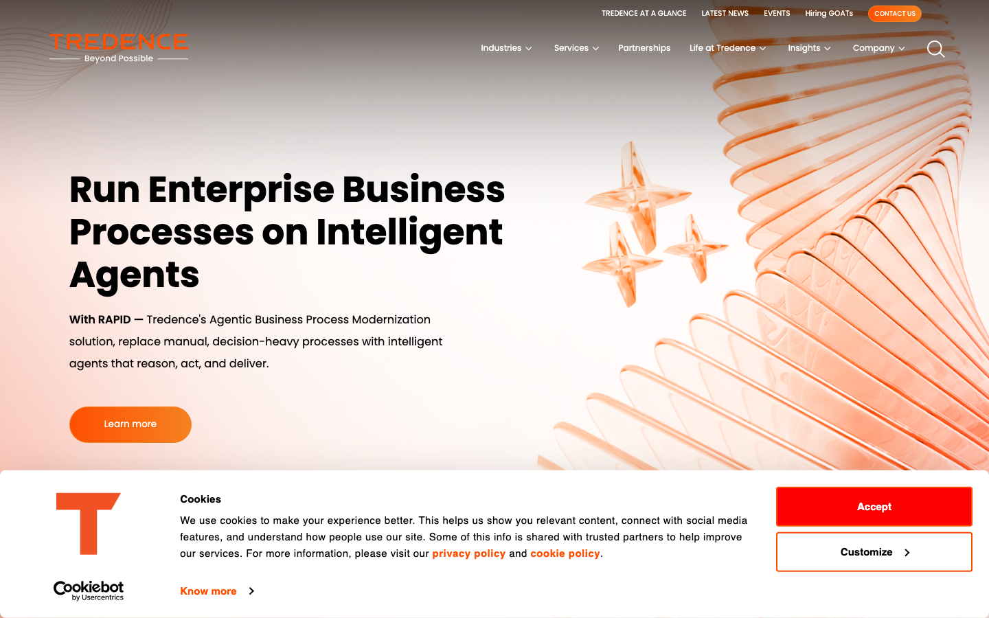 Tredence homepage showing data science and AI solutions with Mars and PepsiCo in the client portfolio