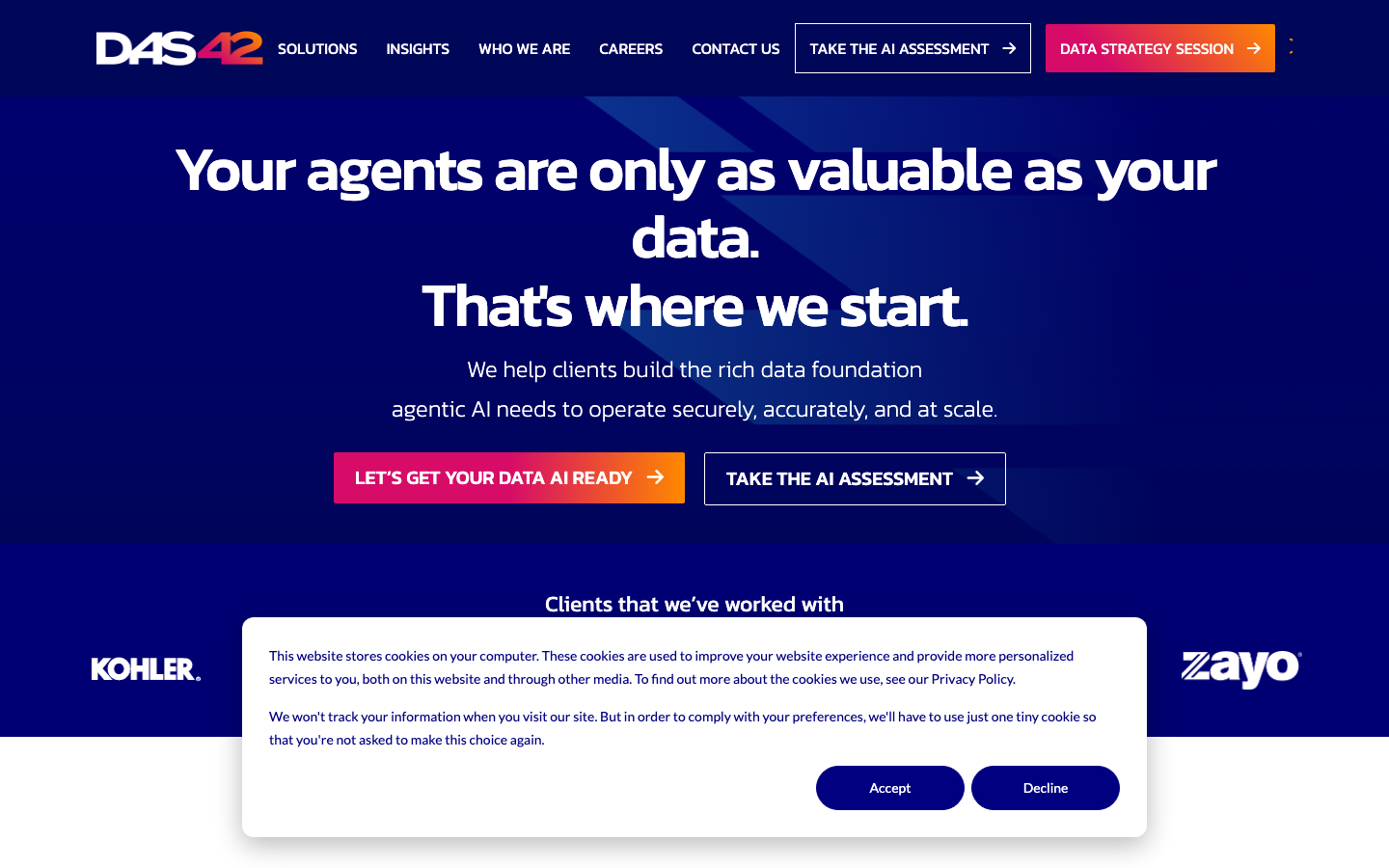 DAS42 homepage showing data engineering and analytics consulting positioning for media and retail clients