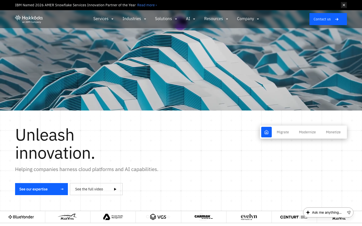 Hakkoda, an IBM Company homepage showing Snowflake-native data integration and consulting positioning