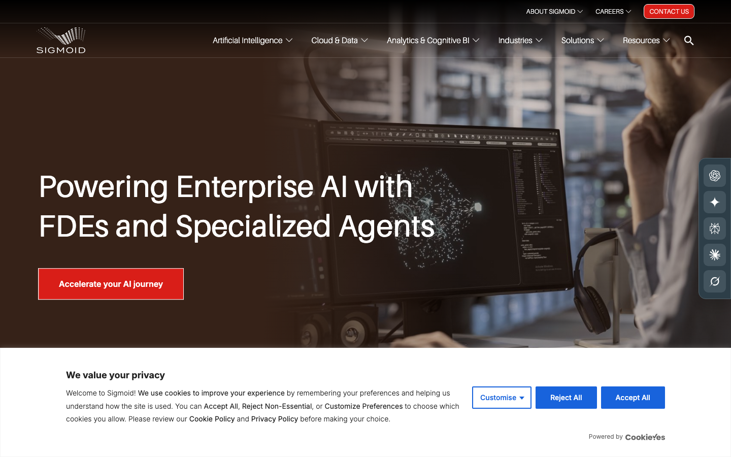 Sigmoid homepage showing data engineering, Databricks, and Snowflake integration consulting positioning