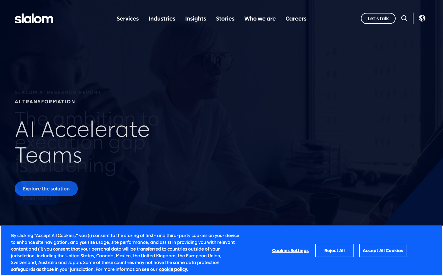 Slalom homepage showing enterprise data, integration, and digital transformation consulting positioning