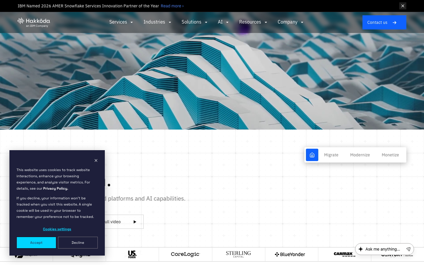 Hakkoda, an IBM Company homepage showing Snowflake-native migration and data consulting positioning