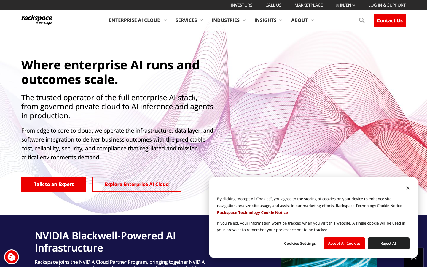 Rackspace Technology homepage showing enterprise cloud migration and managed services positioning