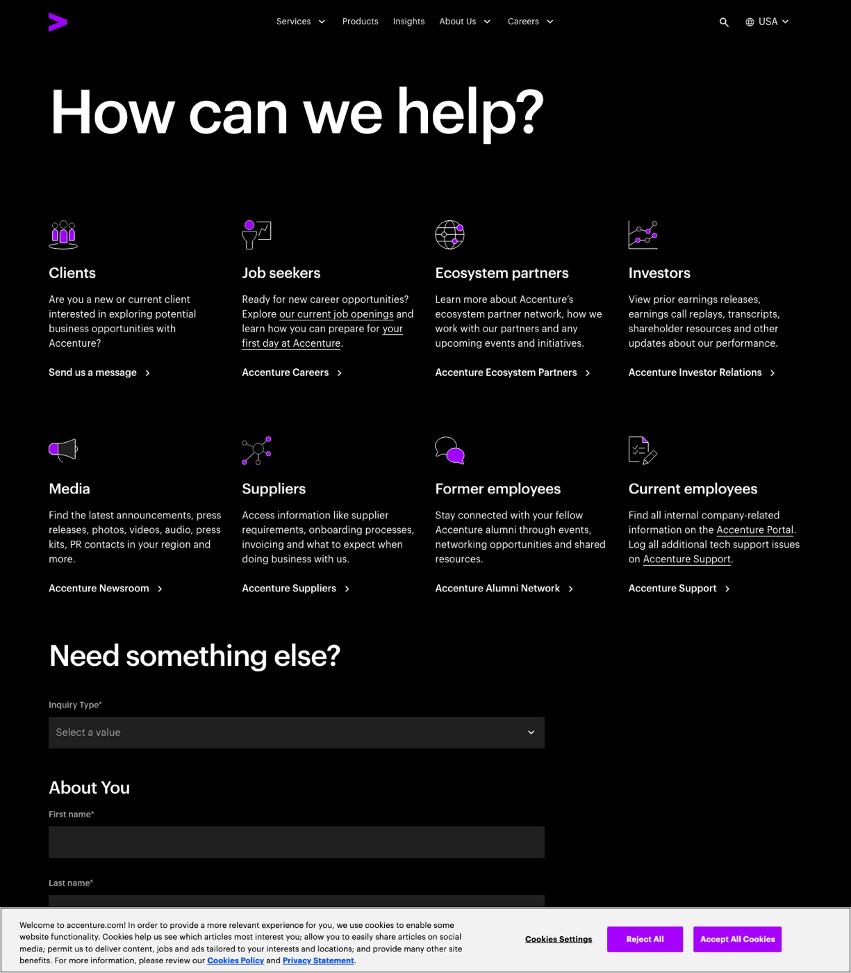 Accenture contact us page with regional contact options