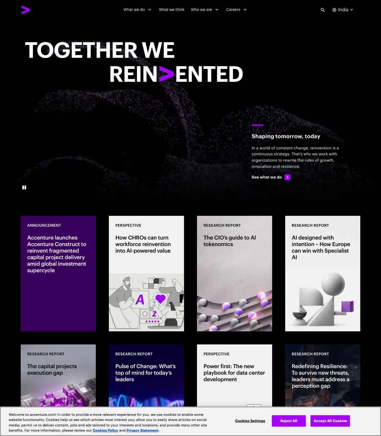 Accenture homepage showing its reinvention and enterprise technology positioning