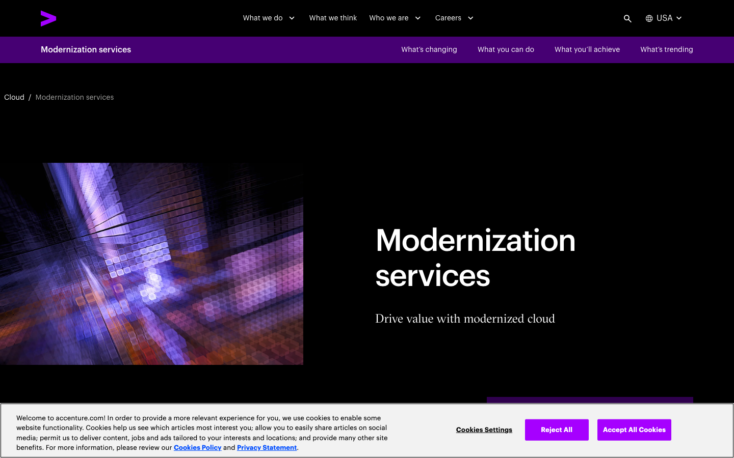 Accenture Modernization Services homepage showing cloud data and application modernization positioning