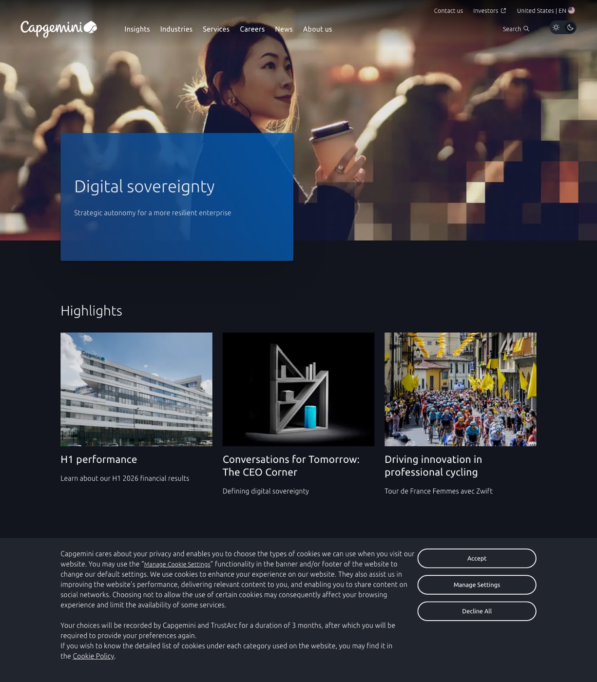 Capgemini US homepage showing its technology and consulting positioning