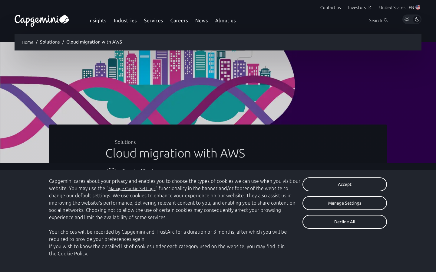 Capgemini Cloud migration with AWS solutions page showing modernization and cloud infrastructure positioning