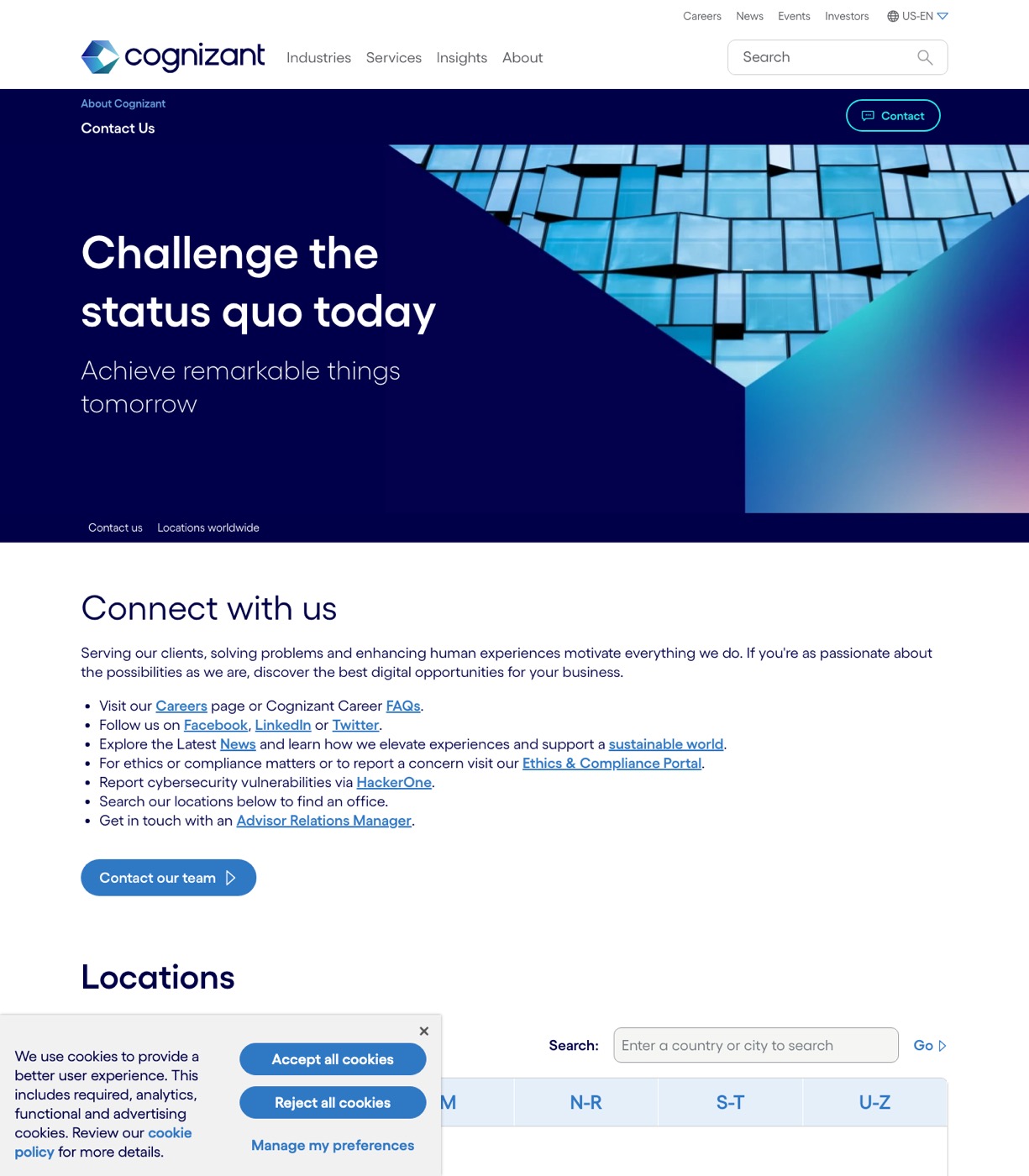 Cognizant contact us page with regional office and inquiry details
