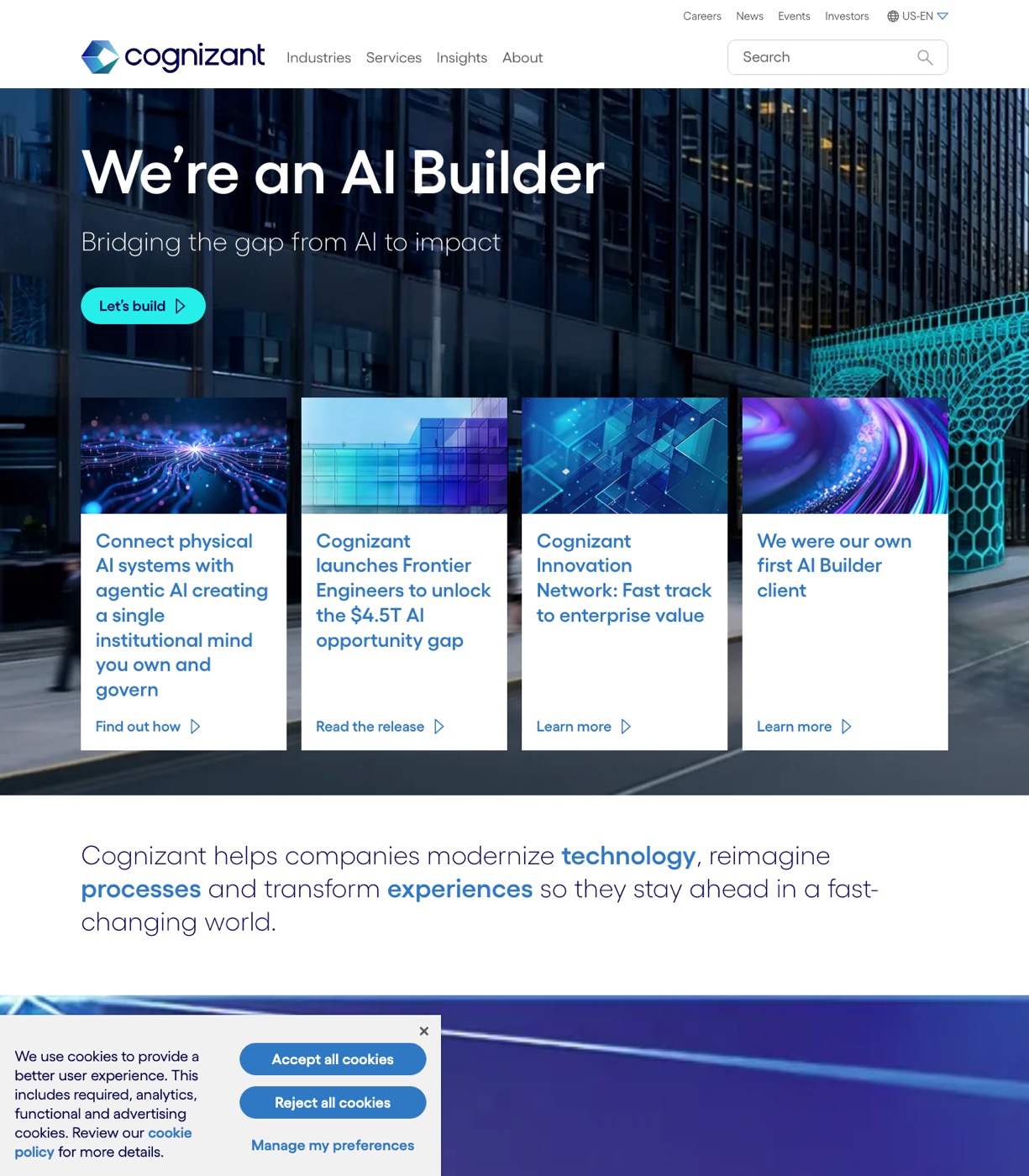 Cognizant homepage showing its AI Builder positioning and enterprise technology modernization messaging