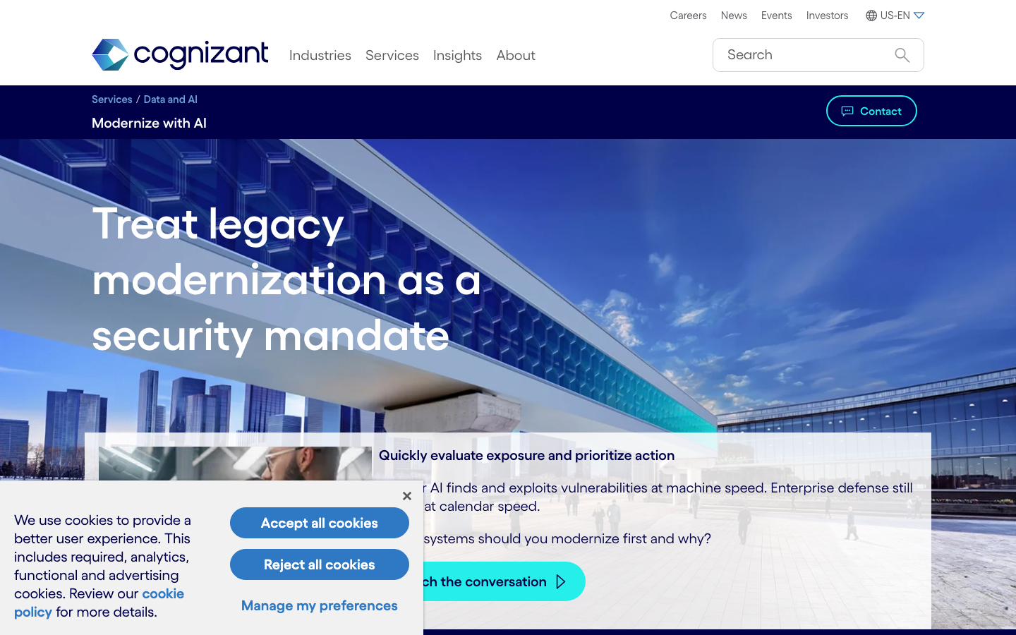 Cognizant data modernization homepage showing Modernize with AI legacy system positioning