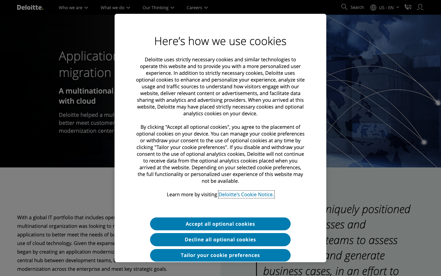 Deloitte application modernization case study page showing multinational cloud migration center of excellence
