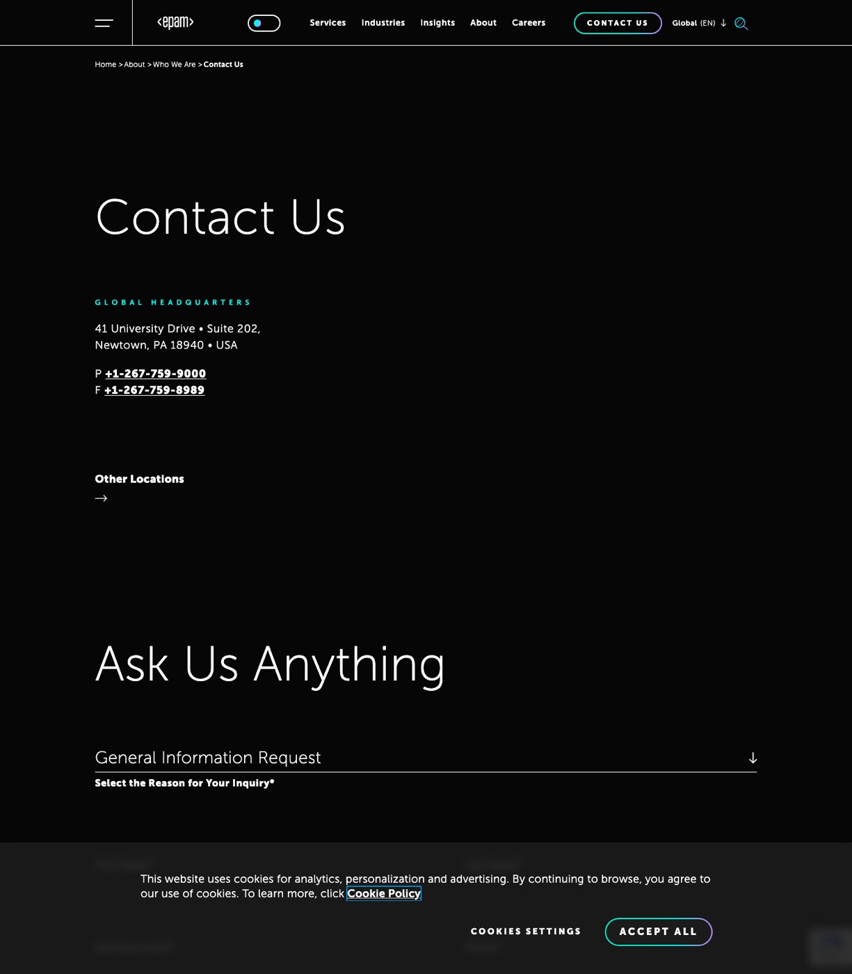 EPAM Systems contact us page with global headquarters address and inquiry form