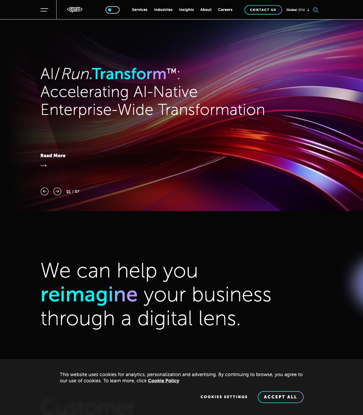 EPAM Systems homepage showing its engineering and digital transformation positioning