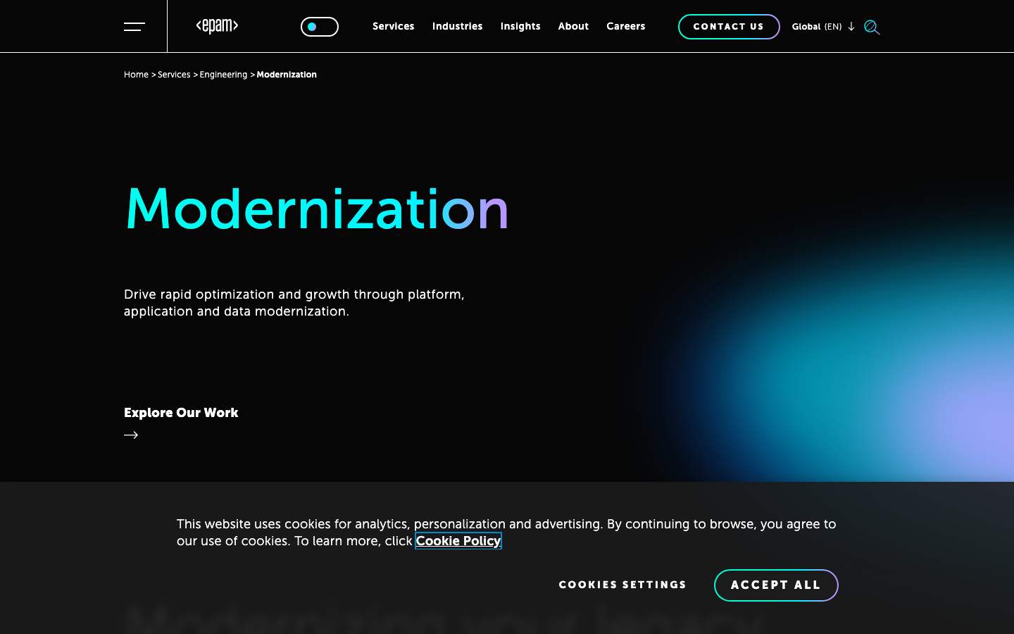 EPAM Systems Modernization services page showing platform, application and data modernization positioning