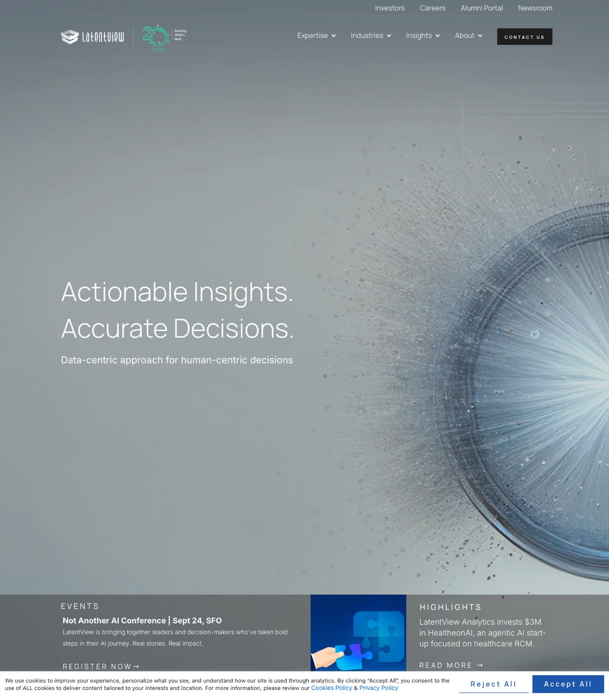 LatentView Analytics homepage showing Data Modernization Services and Databricks Elite Consulting Partner badge
