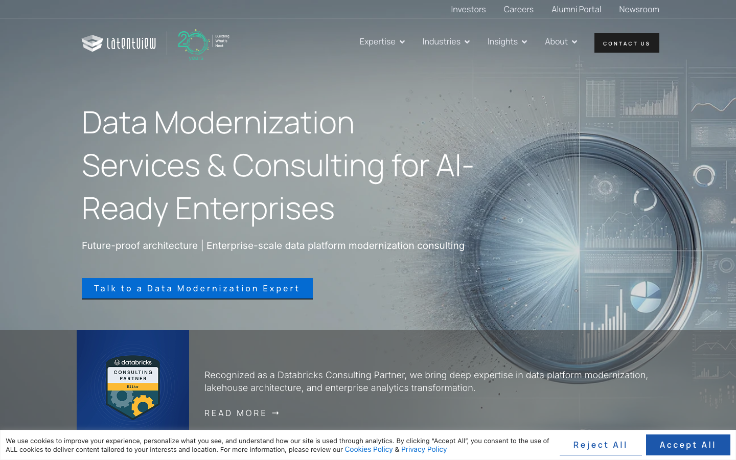 LatentView Analytics homepage showing Data Modernization Services and Databricks Elite Consulting Partner badge