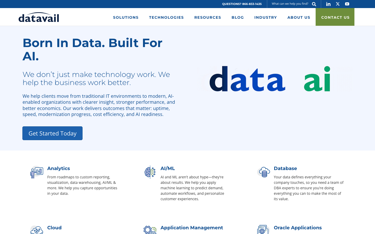 Datavail homepage showing database administration and data warehousing services positioning