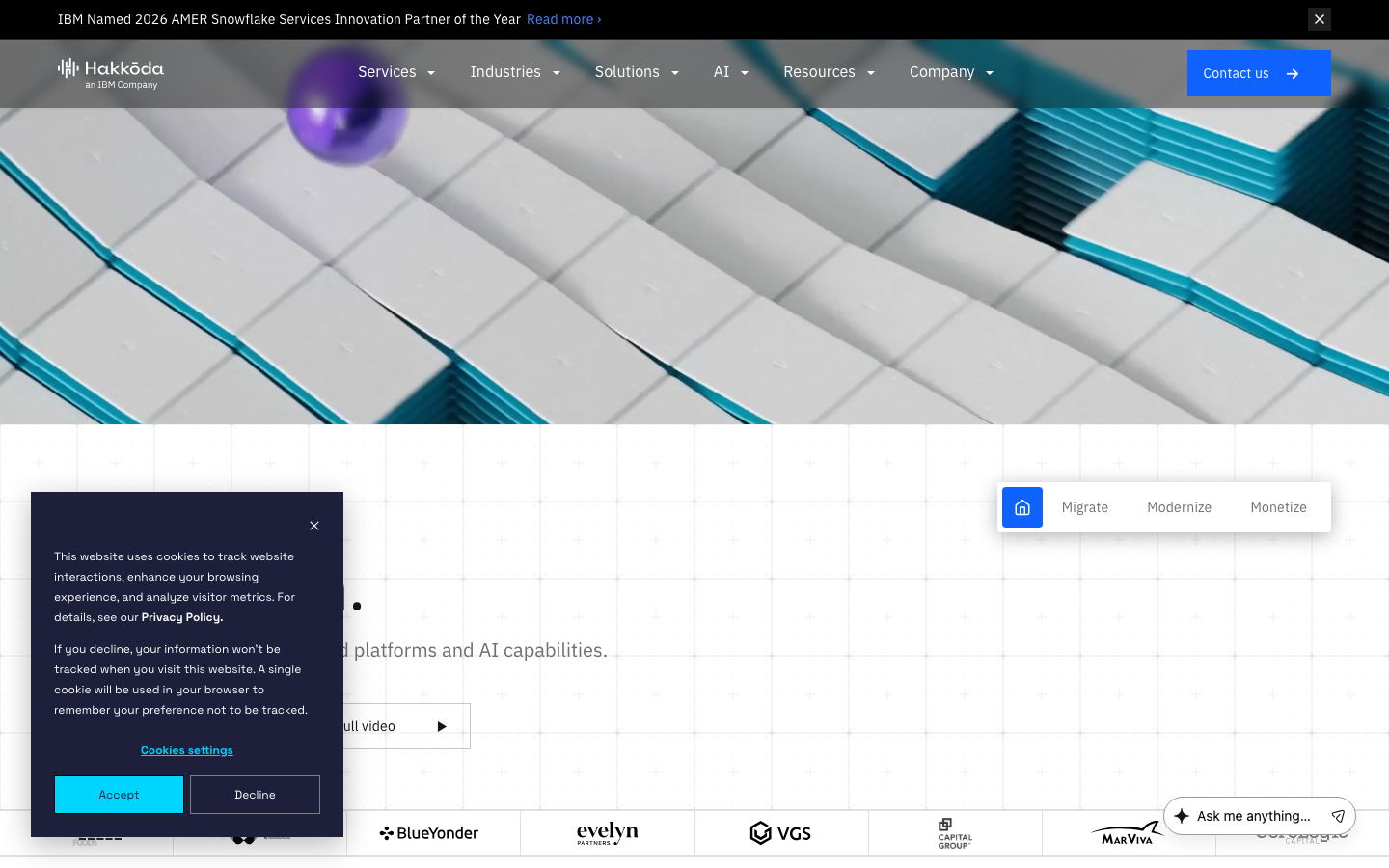 Hakkoda, an IBM Company homepage showing Snowflake-native warehouse and data consulting positioning