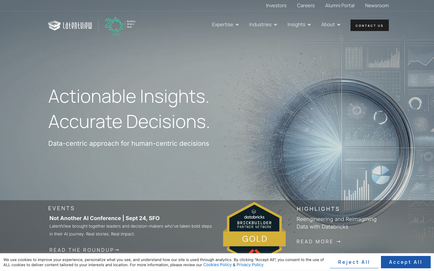LatentView Analytics homepage showing data engineering and Databricks and Snowflake partnership positioning