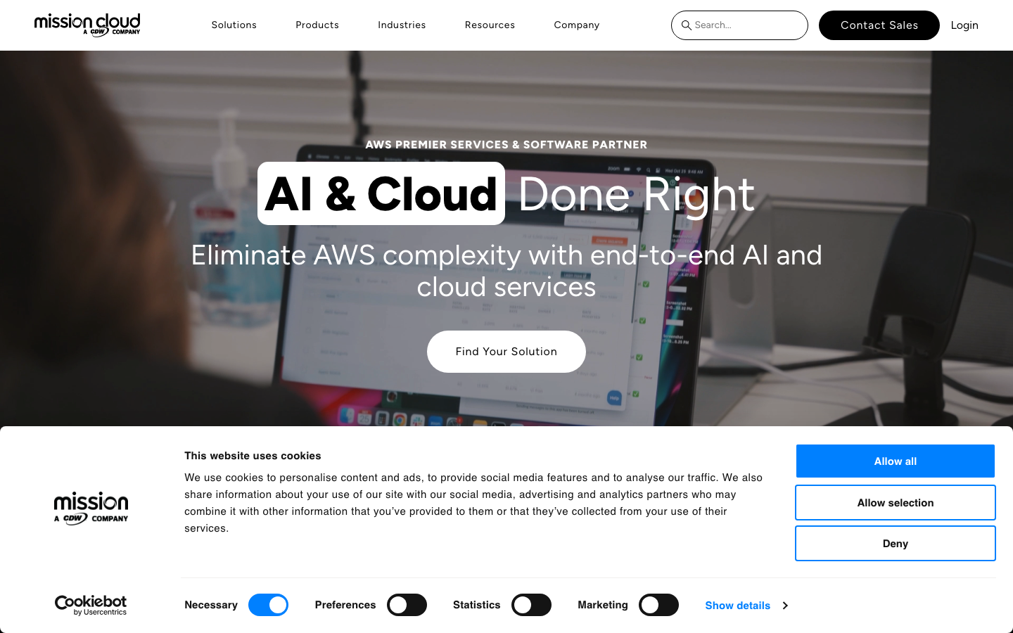 Mission Cloud Services homepage showing AWS Premier Tier warehousing and managed cloud positioning