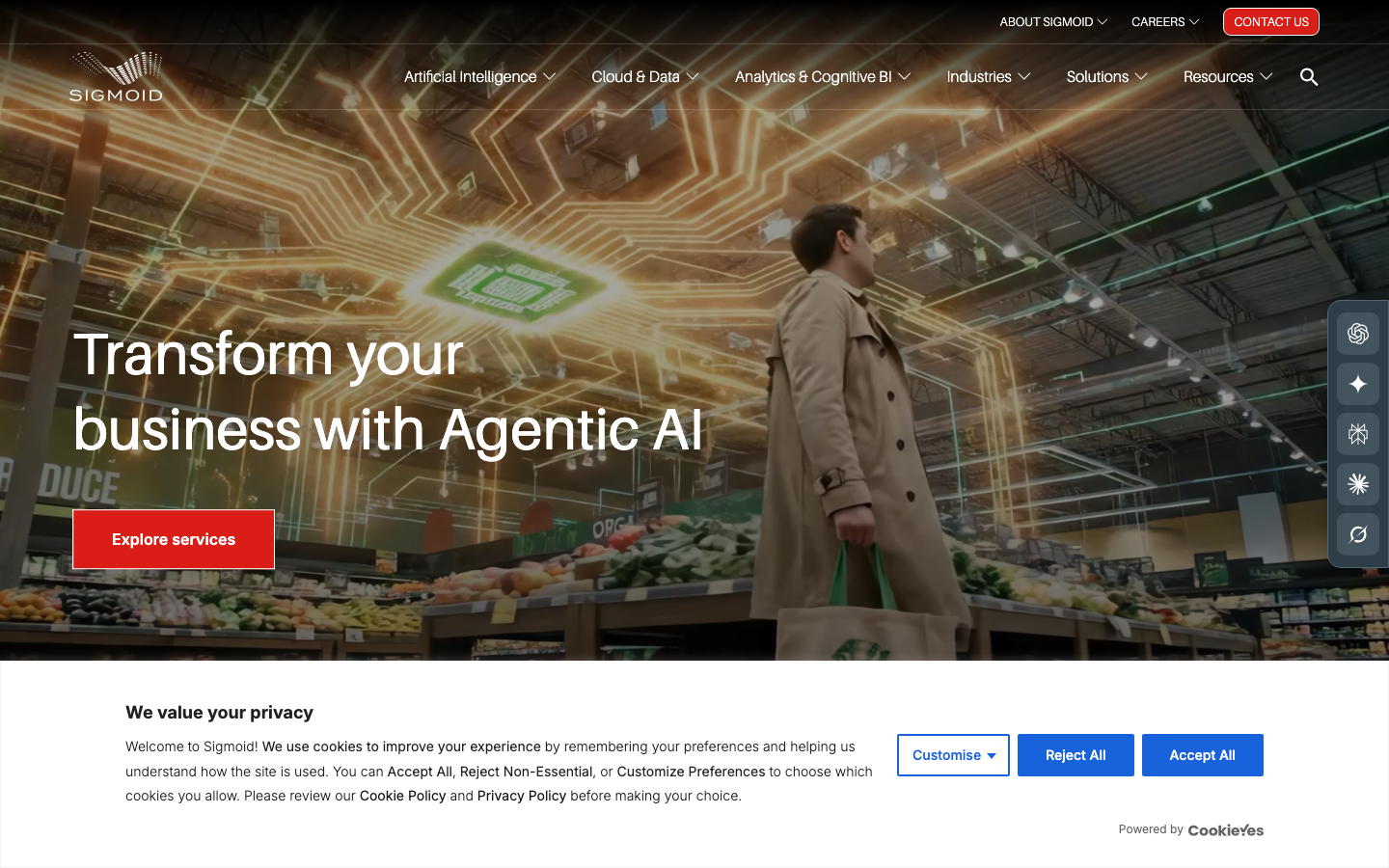 Sigmoid homepage showing Databricks and Snowflake data warehousing consulting positioning