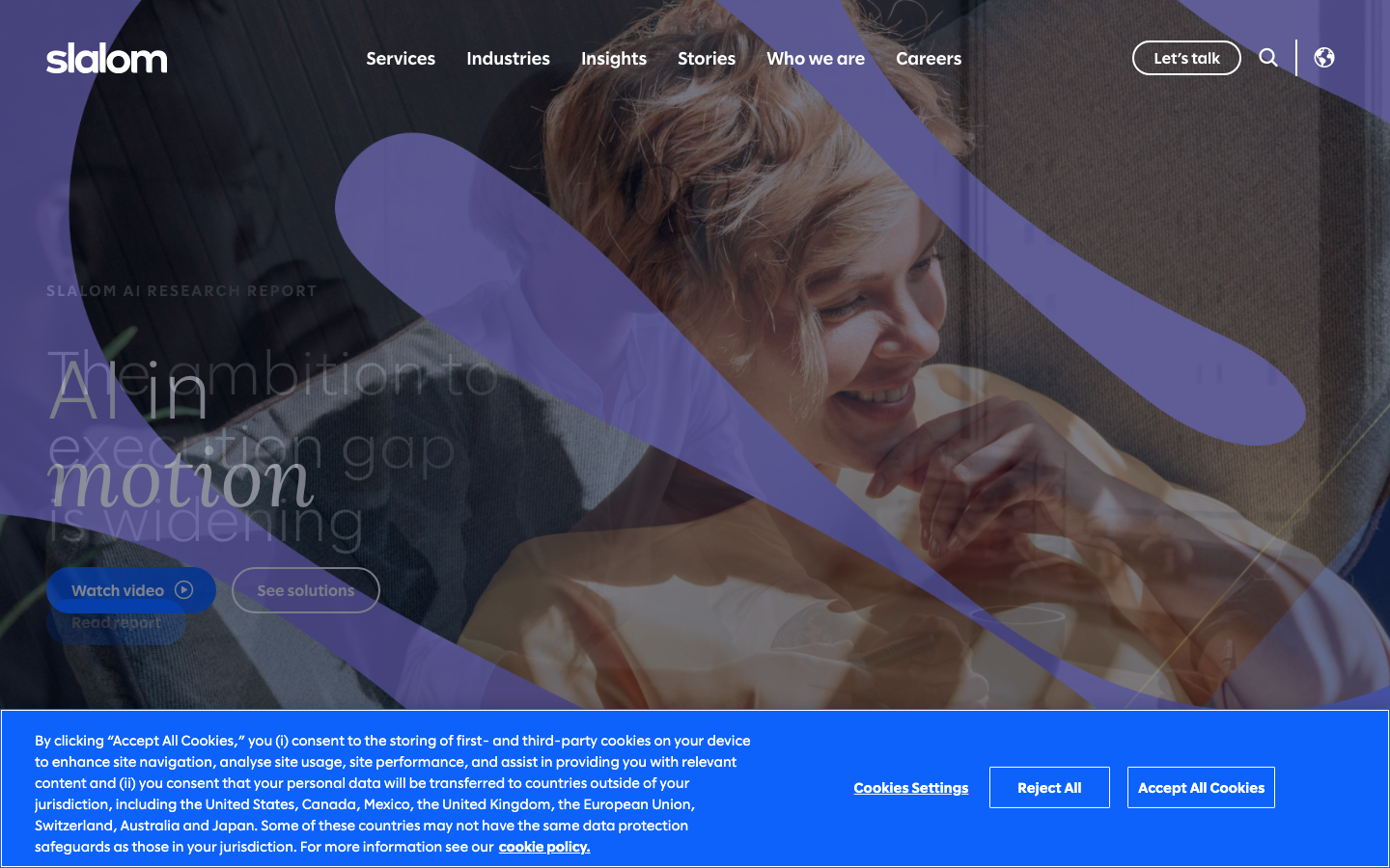 Slalom homepage showing enterprise data warehousing and digital transformation consulting positioning
