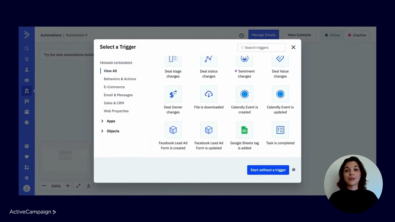 ActiveCampaign visual workflow editor with lead scoring triggers, email send actions, and CRM pipeline routing